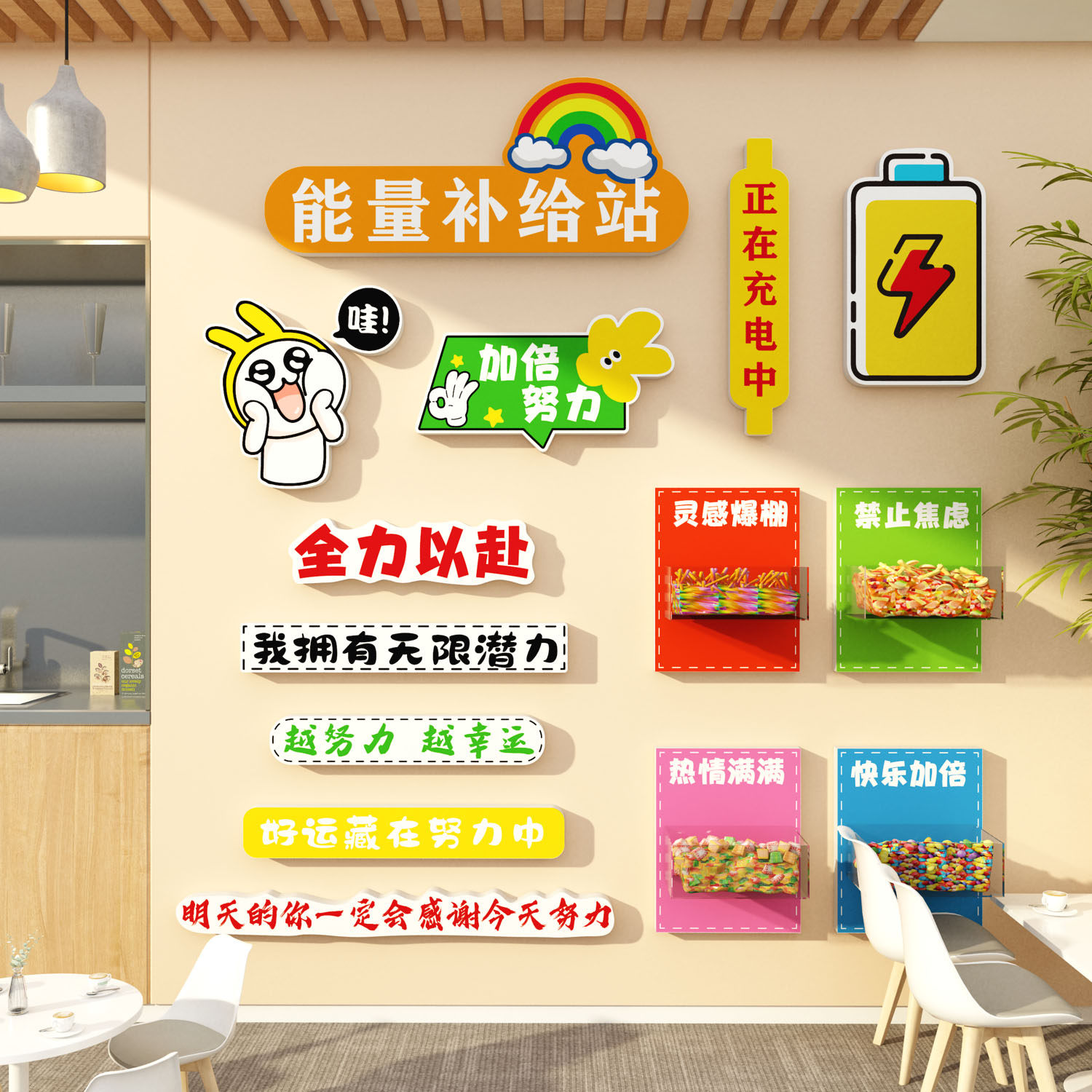 公司能量补给站糖果文化茶水间布置办公室墙面装饰企业高级感氛围