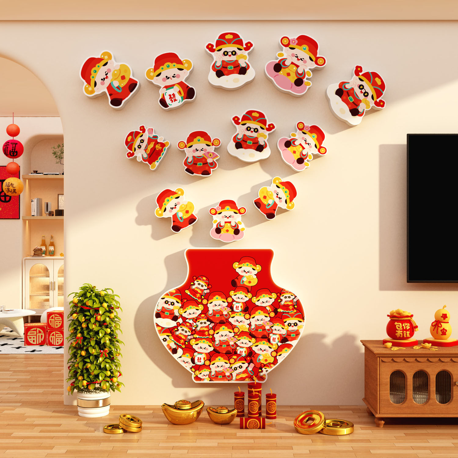 2026过马新年财神爷装饰品迎门电视机背景墙面贴纸画挂件春节元旦