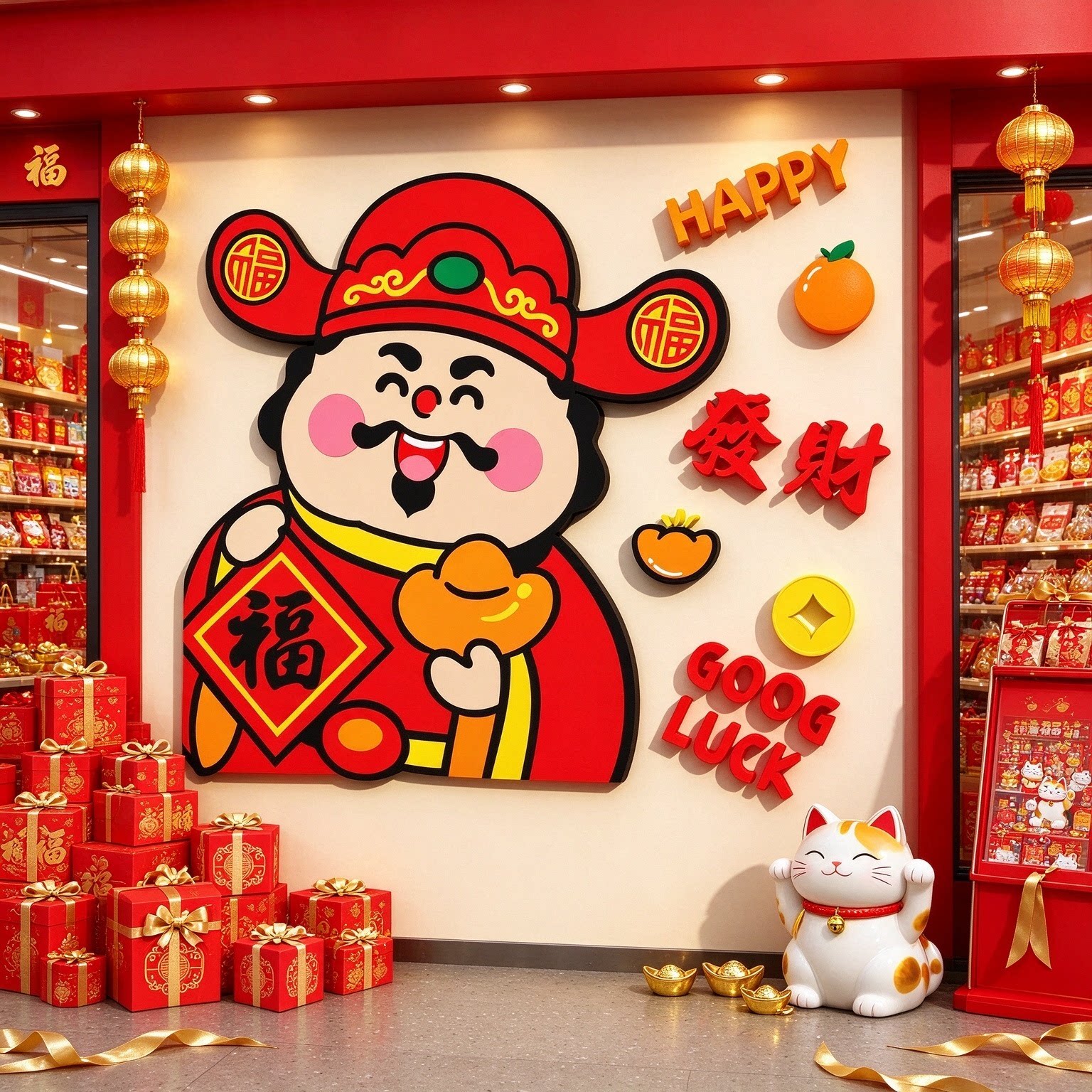 2027新年财神爷贴纸春节元旦店铺网红打卡造景墙面布置装饰画氛围