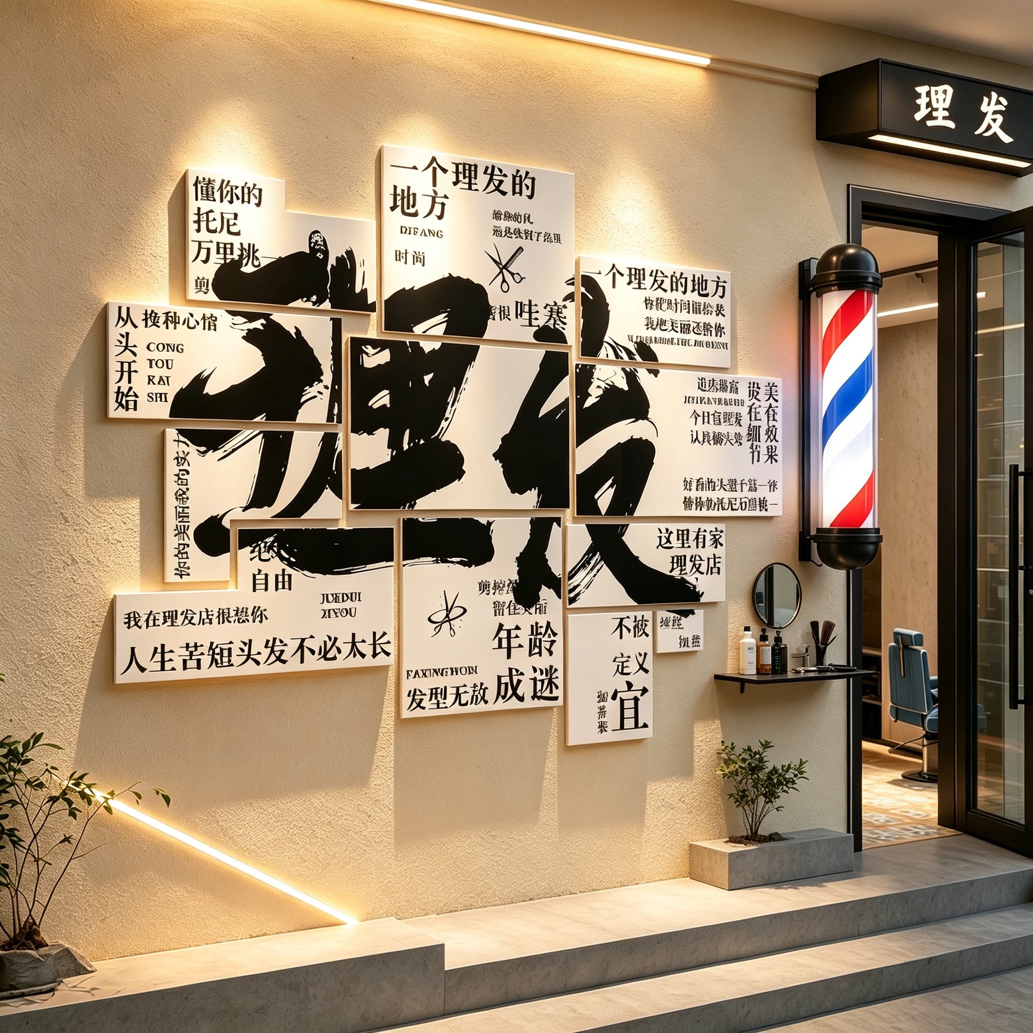 网红理发店墙面装饰品美发廊高级感氛围布置打卡背景形象墙贴挂画