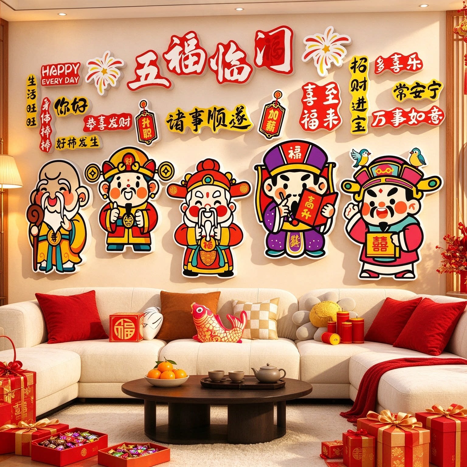 财神五福临门贴过年客厅背景墙