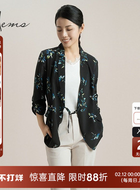 海尔曼斯25春新桑蚕丝外套真丝西装港风花色女外套一粒扣D2602A67