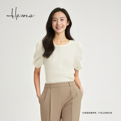 海尔曼斯春夏新品泡泡袖少女miu系老钱轻盈针织短袖小衫D1910C40