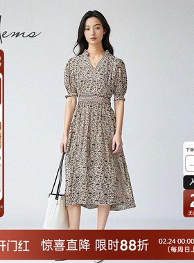 海尔曼斯春夏新品V领法式庄园植物花卉优雅收腰连衣裙228T3C6Q