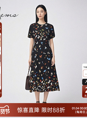 海尔曼斯春夏彩蝶舞高弹收腰圆领短袖桑蚕丝长款连衣裙D1601C64