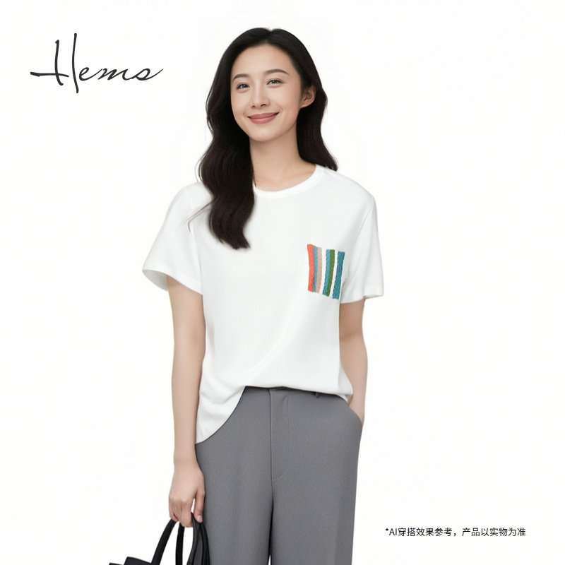 海尔曼斯25春夏新品艺术家彩虹针织口袋通勤百搭短袖棉T24800C94
