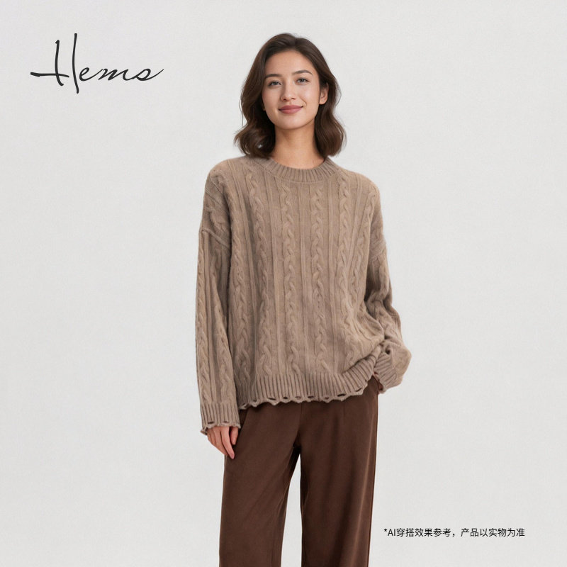 海尔曼斯25秋冬新品老钱风复古高智感通勤圆领麻花羊毛衫D4950D41