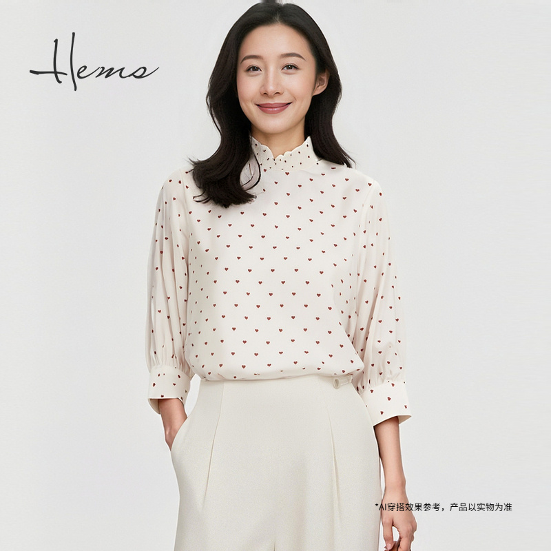 海尔曼斯25早秋新品法式红色心跳爱心波点复古桑蚕丝衬衫228K9A63