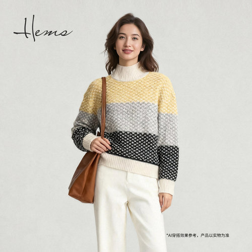 海尔曼斯25冬季新品休闲彩虹星空多彩半高领云柔羊绒衫女D2990A71
