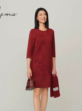海尔曼斯25冬季新品年会尾牙精英气质羊毛复古提花连衣裙250K5B4Q