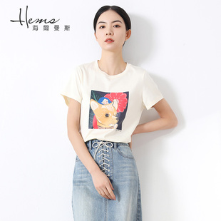 设计感女上衣女t 海尔曼斯新款 纯棉圆领T恤时尚 印花短袖 棉T夏季