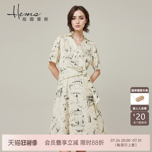 海尔曼斯桑蚕丝V领短袖连衣裙时尚复古长裙印花系带收腰裙衬衫裙