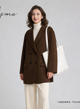 海尔曼斯25冬季新品精英衣橱高智感羊毛翻领短款毛呢外套21605B48