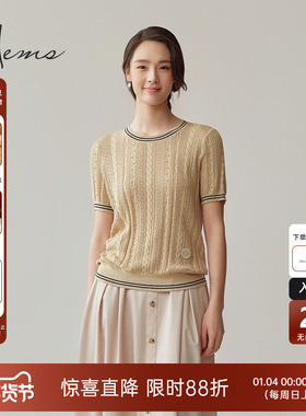 海尔曼斯25春夏新品休闲老钱风棉丝绒麻花圆领短袖针织女25058C3E