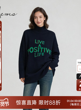 海尔曼斯25冬季新品半高领中长款字母休闲松弛羊绒针织衫21952B71