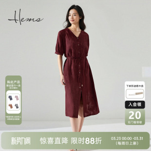 海尔曼斯25春夏新品 复古东方红芍药桑蚕丝极简酒红连衣裙25618C6Q