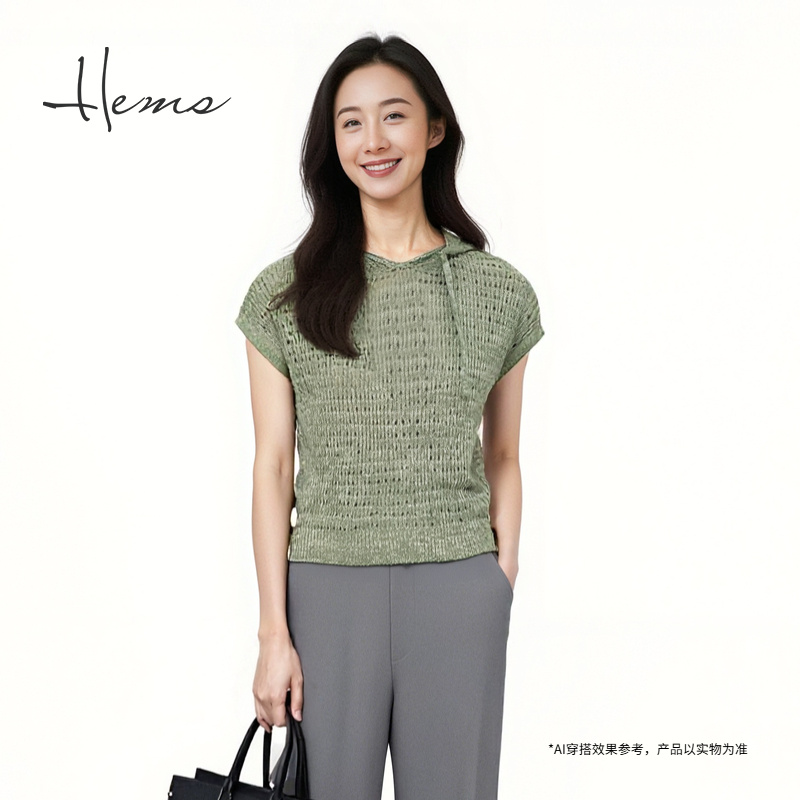 海尔曼斯春夏新品钩花短袖镂空针织连帽设计造型小衫女24061C9E