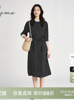 海尔曼斯春夏衬衫小众复古撞色波点长袖长款A字版连衣裙D1614A65