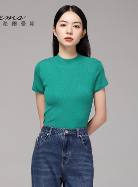 【门店同款】海尔曼斯纯色时尚圆领绿色短袖针织衫修身内搭短款