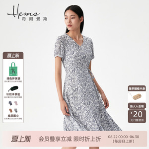 【门店同款】海尔曼斯夏季新款桑蚕丝连衣裙V领印花长裙修身系带