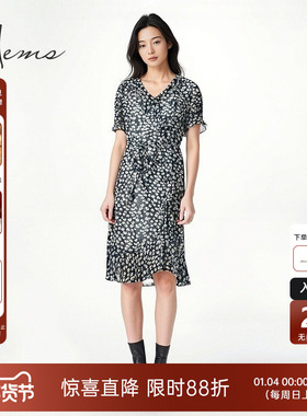 海尔曼斯夏季法式花边V领短袖碎花俏皮灵动度假连衣裙D1625C64