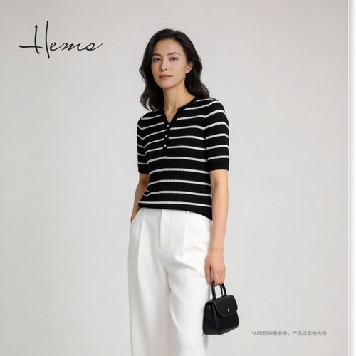 海尔曼斯26夏季新品亨利领简约老钱经典条纹羊毛短袖小衫H4003A4E