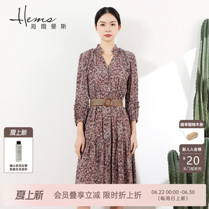 【门店同款】海尔曼斯春夏法式v领收腰衬衫裙碎花显瘦女连衣裙