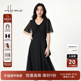 海尔曼斯夏日必备衣橱百搭单品波点小黑裙V领气质连衣裙D1615C64