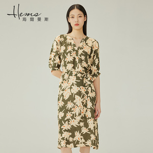 【门店同款】海尔曼斯中袖连衣裙设计感女长裙收腰a字裙茶歇裙