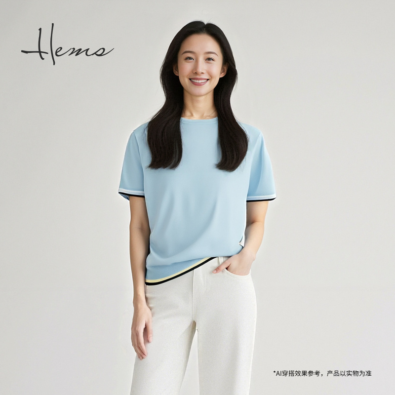 海尔曼斯25早秋新品简约通勤爆款百搭丝棉绒圆领短袖T恤24008C9E
