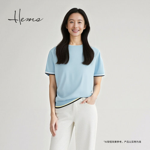 海尔曼斯25早秋新品简约通勤爆款百搭丝棉绒圆领短袖T恤24008C9E