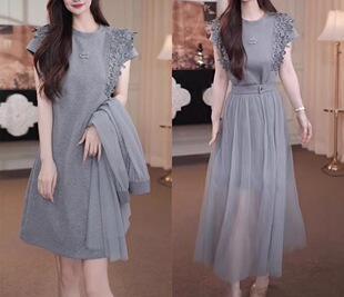 巨好看的裙子套装女2026新款蕾丝小飞袖连衣裙+网纱半身裙两件套