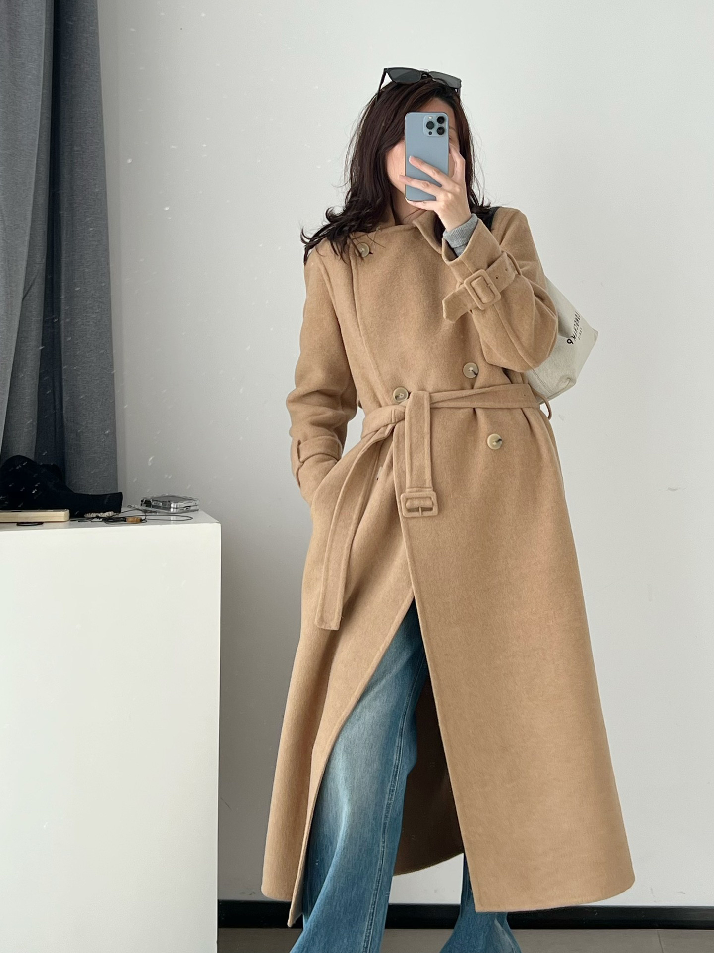 ponkey 韩系欧尼～vin主打款，立领腰带羊毛混纺长款毛呢大衣外套