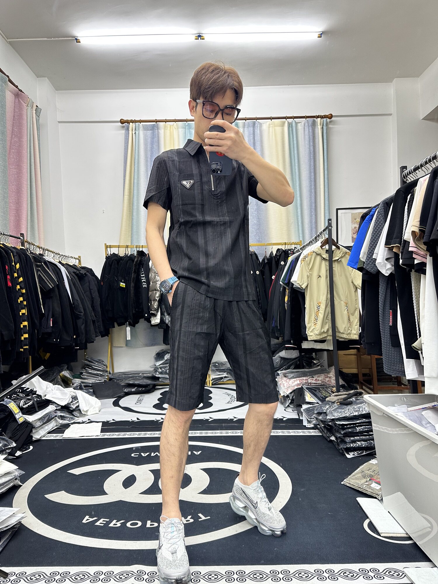 [阿玛仕a258]夏季男士黑色时尚休闲翻领t恤休闲短裤运动套装