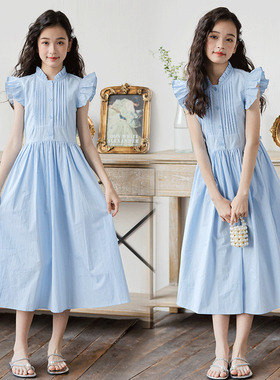 女童连衣裙夏装2025新款童装洋气小清新浅蓝色中大童小飞袖公主裙