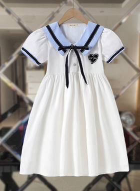 女童夏季连衣裙长袖2025新款蝴蝶结儿童纯棉浅蓝色学院风中长裙子