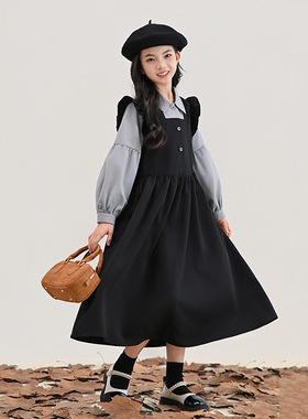 女童连衣裙2025春秋新款赫本风黑灰色拼接假两件套洋气质公主裙子
