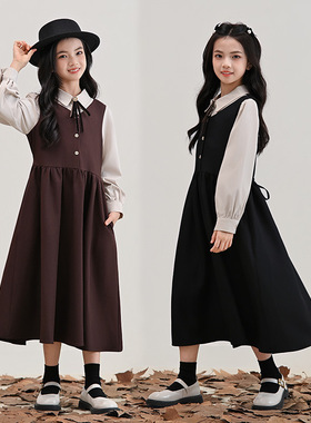 女童学院风假两件连衣裙2026春季新款中大童洋气中长裙儿童表演服