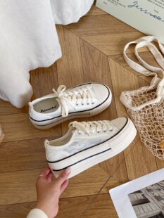 厚底中跟增高网面透气系带休闲鞋女鞋米色35码特价