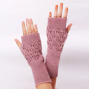 露指女欧美保暖中老年 跨境毛线手套镂空晴纶半指针织长手套韩版