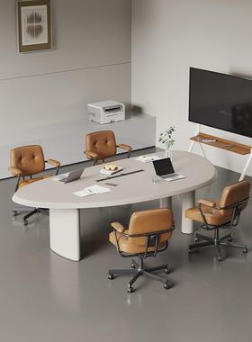 意式极简实木创意异形白色小型6人会议桌轻奢高级感大板办公桌椅