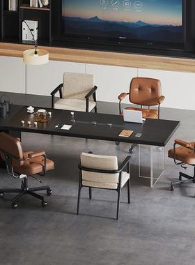 轻奢高级感黑色小型6人会议桌茶桌一体两用办公室长条洽谈培训桌