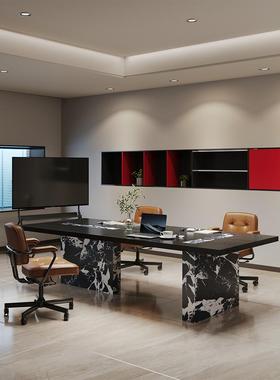 意式黑色实木小型6人会议桌轻奢高级感商务办公接待培训桌椅组合