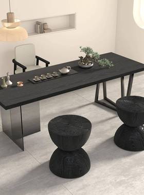 黑色实木书桌办公室接待高级感轻奢茶台客厅家用茶几桌大板亚克力