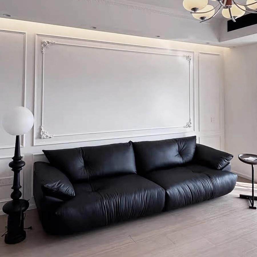 法式复古设计师沙发包豪斯小钢圈客厅中古风双人三人直排黑色沙发