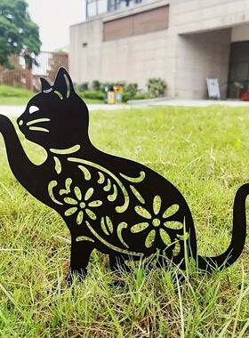 跨境镂空花纹猫咪铁艺花园装饰猫抓蝴蝶设计庭院绿植花卉地插装饰