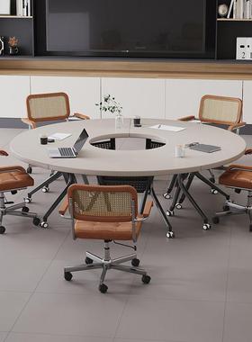 实木白色简约圆形会议桌轻奢高级感可移动拼接组合折叠洽谈培训桌