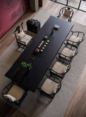 实木泡茶桌椅组合新中式大板茶台办公室禅意家用黑色茶室现代简约