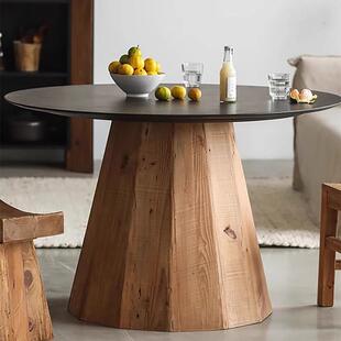 弄物集 侘寂风黑色实木老松木+橡木贴皮商用餐桌复古八人座大圆桌