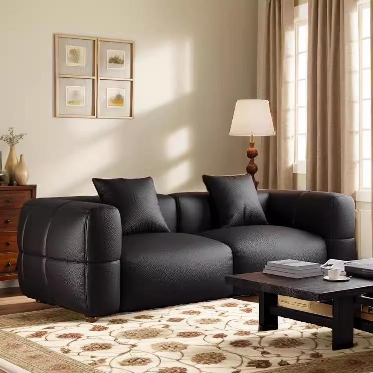 意式极简客厅家用多人沙发小户型酒店大堂中古风轻奢皮艺直排沙发